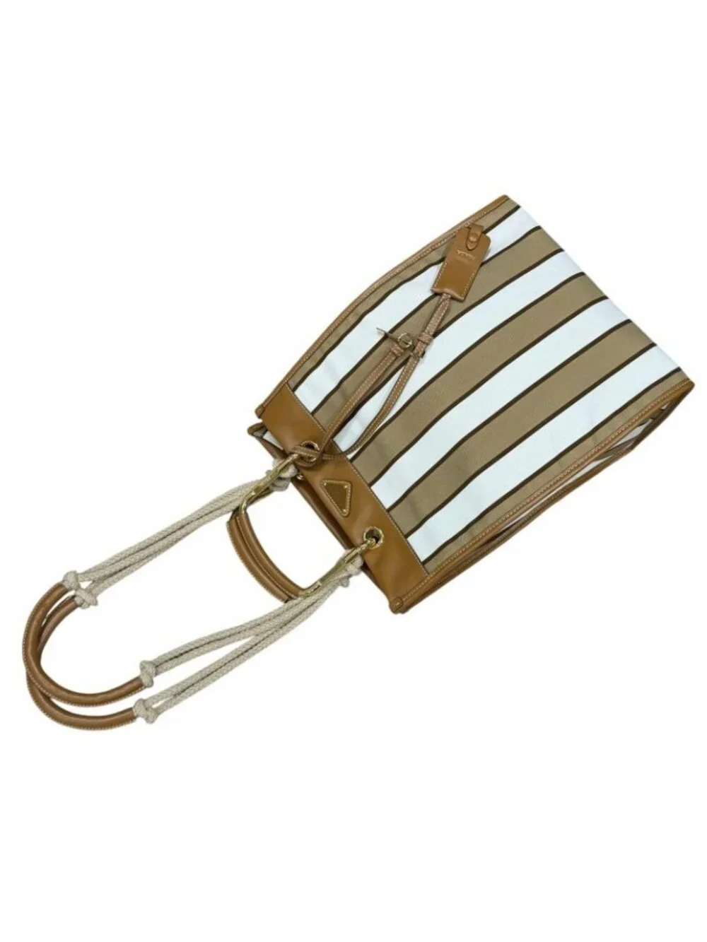 Prada Triangle Logo Stripe Leather Canvas Tote Brown White - Picture 8 of 14
